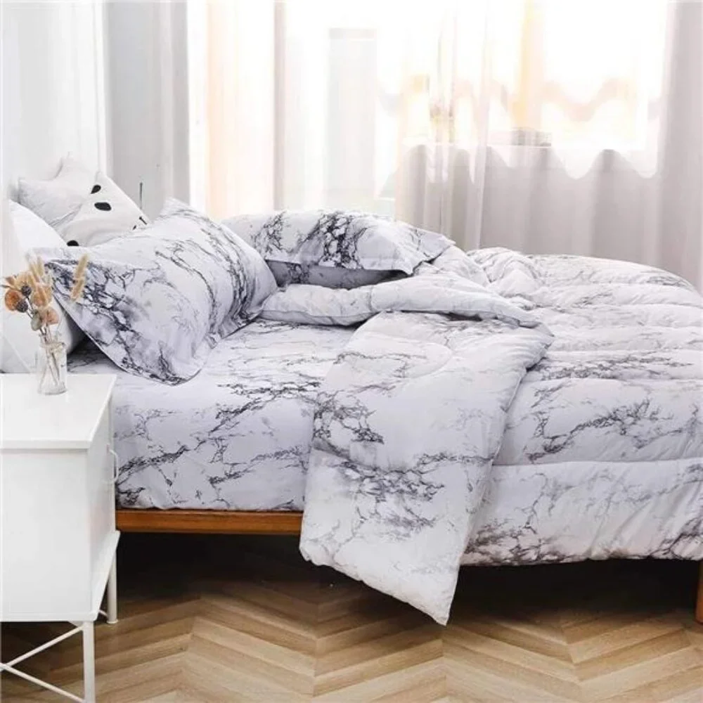 Comforter Set Queen Size, White Black Marble Print 88 x 90 inch Reversible Down